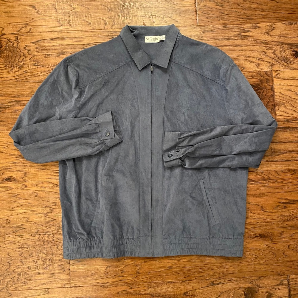 St. Croix Knits Faux Suede Jacket Mens XL Blue Grey Zip Front Made in USA